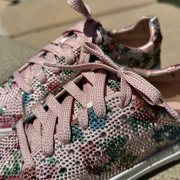 New Pink Floral Print Rhinestone Crystal Pavé Lace-Up Flat Platform Sneaker Shoe - Picture 8 of 8